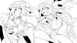 Rule 34 | 3girls, :/, :d, ascot, bat wings, bow, breasts, crescent, eichi yuu, flandre scarlet, greyscale, hat, lineart, long hair, long sleeves, medium breasts, monochrome, multiple girls, one eye closed, open mouth, patchouli knowledge, pointy ears, pushing, remilia scarlet, short hair, smile, touhou, wavy mouth, wings