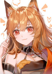 Rule 34 | 1girl, ?, absurdres, animal ears, arknights, arm strap, bare shoulders, breasts, ceobe (arknights), ceobe (summer flowers) (arknights), cleavage, closed mouth, dog ears, eyelashes, hand up, heart, highres, index finger raised, long hair, looking at viewer, medium breasts, official alternate costume, orange hair, red eyes, shixian900, simple background, smile, solo, upper body, white background