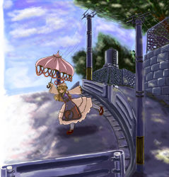 Rule 34 | 1girl, ameimo, bad anatomy, bad proportions, contemporary, female focus, poorly drawn, power lines, shade, smile, solo, standing, standing on one leg, touhou, umbrella, yakumo yukari
