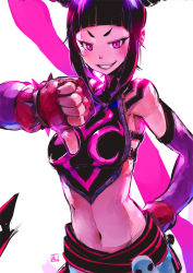 Rule 34 | 1girl, andrewcockroach, black hair, blunt bangs, blush, bracelet, breasts, chinese clothes, detached sleeves, drill hair, dudou, fang, fingerless gloves, gloves, grin, halterneck, han juri, hand on own hip, jewelry, midriff, nail polish, navel, pink nails, purple eyes, purple theme, short hair with long locks, small breasts, smile, solo, spiked bracelet, spikes, street fighter, street fighter iv (series), thumbs down, twin drills