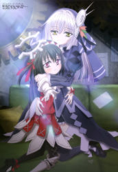 Rule 34 | 2girls, absurdres, anchor (clockwork planet), argyle, argyle clothes, argyle dress, argyle legwear, arm around waist, black footwear, black hair, black legwear, black ribbon, black skirt, blush, clockwork planet, couch, dress, fingernails, frilled skirt, frills, gear hair ornament, gears, gothic lolita, hair between eyes, hair ribbon, hairband, high heels, highres, indoors, juliet sleeves, kneeling, lolita fashion, long hair, long sleeves, looking at viewer, looking back, magazine scan, mary janes, matsumoto masayo, megami magazine, metal gloves, multiple girls, official art, outstretched hand, pink eyes, puffy sleeves, purple dress, purple legwear, reaching, reaching towards viewer, red dress, red hairband, red ribbon, ribbon, ryuzu (clockwork planet), scan, shoes, silver hair, skirt, sunlight, thighhighs, triangle mouth, white dress, white frills, yellow eyes, zettai ryouiki