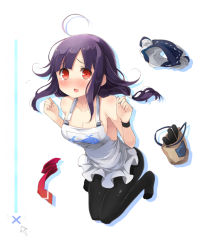 Rule 34 | 10s, 1girl, ahoge, apron, black pantyhose, blush, breasts, cleavage, gameplay mechanics, kantai collection, long hair, looking at viewer, low twintails, naked apron, necktie, open mouth, pantyhose, purple hair, red eyes, shin (new), simple background, solo, taigei (kancolle), tears, twintails, undone necktie, unworn necktie, white background