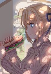 Rule 34 | 1girl, artoria pendragon (all), artoria pendragon (fate), blonde hair, blue eyes, blue ribbon, fate/stay night, fate (series), food, from side, hair ribbon, holding, holding food, miamuly, ribbon, saber (fate), sandwich, short hair, solo, sweatdrop, sweater, upper body