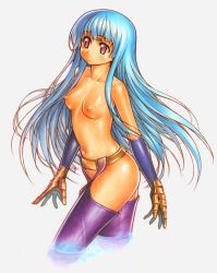 Rule 34 | 1girl, belt, breasts, chaps, elbow gloves, gloves, himehajime, kula diamond, navel, nipples, no panties, onono imoko, snk, solo, the king of fighters, thighhighs, topless