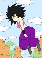 Rule 34 | absurdres, armlet, ass, black eyes, black hair, caulifla, charge sol, cloud, cloudy sky, curvy, dragon ball, dragon ball super, highres, looking at viewer, looking back, mountain, sky, tagme, thick thighs, thighs