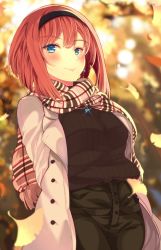 Rule 34 | 1girl, ark royal (kancolle), blue eyes, blue gemstone, blurry, blurry background, blurry foreground, blush, bob cut, breasts, brown sweater, casual, closed mouth, coat, depth of field, earrings, falling leaves, gem, glint, green pants, hair between eyes, hairband, highres, jewelry, kantai collection, leaf, long sleeves, mizuyoukan (mikususannda), necklace, open clothes, open coat, outdoors, pants, red hair, ribbed sweater, scarf, short hair, sidelocks, smile, sunset, sweater, tsurime, white coat