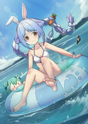 Rule 34 | 2girls, :3, alternate costume, animal ear fluff, animal ears, bare legs, bare shoulders, barefoot, bikini, blue hair, blue sky, blush, bow, braid, breasts, brown eyes, carrot hair ornament, chibi, closed mouth, cloud, collarbone, commentary request, day, double bun, dutch angle, food-themed hair ornament, green hair, hair between eyes, hair bow, hair bun, hair ornament, heart, highres, hololive, innertube, medium breasts, multiple girls, outdoors, parted bangs, rabbit ears, shark fin, short eyebrows, sidelocks, skull hair ornament, sky, sparkle, swim ring, swimsuit, thick eyebrows, twin braids, twintails, uneg, uruha rushia, usada pekora, v-shaped eyebrows, virtual youtuber, water, waves, white bikini, white bow, white hair