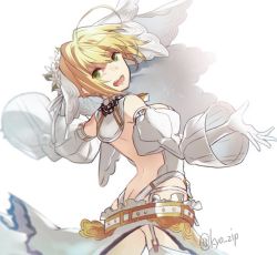 Rule 34 | 10s, 1girl, ahoge, ass, bad id, bad twitter id, bare shoulders, belt, blonde hair, breasts, butt crack, chain, detached sleeves, fate/extra, fate/extra ccc, fate/grand order, fate (series), gloves, green eyes, kyo zip, looking back, nero claudius (bride) (fate), nero claudius (bride) (second ascension) (fate), nero claudius (fate), nero claudius (fate) (all), open mouth, puffy sleeves, short hair, solo, twitter username, veil, white background