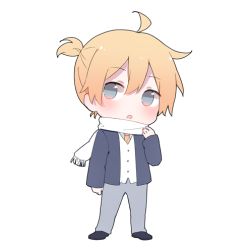 Rule 34 | 1boy, :o, ahoge, blazer, blonde hair, blue eyes, blush, chibi, clenched hand, full body, grey pants, jacket, kagamine len, long sleeves, looking at viewer, lowres, male focus, mimengfeixue, necktie, pants, ponytail, scarf, school uniform, shirt, shoes, simple background, solo, standing, vocaloid, white background, white scarf, white shirt, yellow necktie