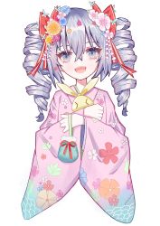 Rule 34 | 1girl, :d, blue flower, bow, bronya zaychik, doll, drill hair, flower, grey eyes, grey hair, hair between eyes, hair bow, hair flower, hair ornament, highres, holding, homu (honkai impact), honkai (series), honkai impact 3rd, japanese clothes, kimono, long sleeves, looking at viewer, open mouth, pink flower, pink kimono, simple background, smile, solo, twin drills, white background, wu wang, yellow flower
