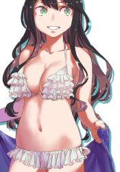 Rule 34 | 1girl, bad id, bad nicoseiga id, bikini, black hair, breasts, frilled bikini, frills, green eyes, kantai collection, large breasts, long hair, looking at viewer, multicolored hair, naganami (kancolle), pink hair, simple background, smile, solo, swimsuit, uyama hajime, white background, white bikini