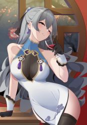 Rule 34 | 1girl, absurdres, alcohol, bare shoulders, black gloves, black legwear, breasts, bronya zaychik, bronya zaychik (haxxor bunny), china dress, chinese clothes, chinese new year, cleavage, cup, dress, drill hair, drinking glass, earrings, fireworks, gloves, grey hair, grin, highres, holding, holding cup, honkai (series), honkai impact 3rd, indoors, jewelry, long hair, looking at viewer, night, night sky, open mouth, sky, sleeveless, sleeveless dress, smile, solo, susu (32103088), teeth, twin drills, white dress, wine, wine glass