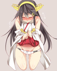 Rule 34 | 10s, 1girl, black hair, blush, bow, bow panties, clothes lift, cropped jacket, closed eyes, hair between eyes, hair ornament, hairband, hairclip, haruna (kancolle), headgear, heart, highres, kantai collection, legs apart, lifted by self, long hair, mtu (orewamuzituda), nontraditional miko, panties, red skirt, simple background, skirt, skirt hold, skirt lift, solo, standing, sweatdrop, tears, trembling, underwear, very long hair