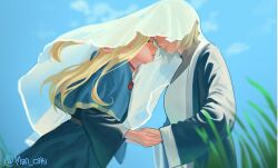 2girls blonde_hair blue_capelet blue_robe blue_sky capelet choker closed_eyes commentary_request dungeon_meshi elf falin_touden falin_touden_(tallman) grass green_eyes highres holding holding_hands hood hooded_capelet long_hair long_sleeves man_caki marcille_donato multiple_girls outdoors pointy_ears red_choker robe short_hair sky spanish_commentary twitter_username upper_body white_robe white_veil yuri