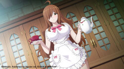 Rule 34 | 1girl, ahoge, apron, artist request, blush, bow, breasts, brown eyes, brown hair, collarbone, cowboy shot, cup, dutch angle, english text, frilled apron, frills, hair over one eye, highres, holding, holding teapot, kono subarashii sekai ni shukufuku wo!, large breasts, long hair, looking at viewer, naked apron, official art, open mouth, pink bow, plate, pocket, solo, tareme, teacup, teapot, white apron, wiz (konosuba)