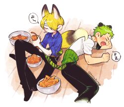Rule 34 | 2boys, animal ears, artist name, belt, black pants, blonde hair, blue shirt, blush, bowl, carrot, cigarette, commentary request, cropped legs, curly eyebrows, floor, food, fox boy, fox ears, fox tail, full body, green hair, hair over one eye, haramaki, holding, holding food, holding vegetable, long sleeves, lying, male focus, mitsubachi koucha, multiple boys, musical note, on side, one piece, pants, peeling, roronoa zoro, sanji (one piece), shirt, short hair, short sleeves, simple background, sleeping, spoken musical note, spoken zzz, tail, tail wrap, tiger boy, tiger ears, tiger tail, vegetable, white shirt, wooden floor, yawning, zzz