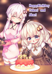 Rule 34 | 2girls, ^ ^, absurdres, ahoge, apron, bad id, bad pixiv id, birthday cake, black jacket, blue eyes, blurry, blurry background, blush, braid, brown dress, burning, cake, candle, character name, closed eyes, closed mouth, criss-cross halter, depth of field, dress, english text, facing another, fire, food, hair between eyes, hair ornament, halterneck, happy birthday, highres, jacket, kizuna akari, long hair, long sleeves, low twintails, multiple girls, open clothes, open jacket, open mouth, oven mitts, pink apron, pink shirt, plate, purple legwear, shirt, short hair with long locks, silver hair, smile, thighhighs, twin braids, twintails, very long hair, vocaloid, voiceroid, waste (arkaura), white shirt, yuzuki yukari