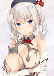Rule 34 | 1girl, areola slip, beret, blue eyes, breasts, gloves, grey shirt, hair between eyes, hat, highres, jacket, kantai collection, kashima (kancolle), kerchief, large breasts, n.g., open mouth, shirt, short hair, silver hair, solo, torn clothes, torn shirt, two side up, white gloves, white jacket