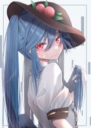 Rule 34 | 1girl, alternate hairstyle, blue hair, brown hat, closed mouth, food, frills, from side, frown, fruit, grey background, hair between eyes, hat, highres, hinanawi tenshi, holding, holding own hair, long hair, looking at viewer, peach, puffy short sleeves, puffy sleeves, red eyes, shirt, short sleeves, solo, sweatdrop, touhou, tsune (tune), upper body, white shirt