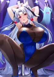Rule 34 | 1girl, absurdres, alternate costume, animal ear fluff, animal ears, armpits, arms behind head, beads, bodystocking, bow, bowtie, breasts, comic, full body, grey hair, hair beads, hair ornament, high heels, highres, holding, holding pole, huge breasts, leotard, long hair, nhk (voiceroid), open mouth, parted bangs, playboy bunny, pole, pole dancing, red eyes, sidelocks, spread legs, squatting, tenneko yuuri, touhoku itako, traditional bowtie, very long hair, voiceroid, wrist cuffs