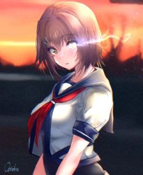 Rule 34 | 1girl, black sailor collar, bodysuit, breasts, brown hair, commentary request, furutaka (kancolle), furutaka kai ni (kancolle), glowing, glowing eye, heterochromia, kantai collection, large breasts, looking at viewer, mani oniniku, neckerchief, orange sky, red neckerchief, sailor collar, school uniform, serafuku, short hair, sky, solo, upper body, yellow eyes
