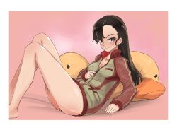 Rule 34 | 10s, 1girl, alternate costume, aomushi (mushamusha), ass, asymmetrical bangs, bird, blush, border, breasts, brown eyes, brown hair, brown jacket, cleavage, closed mouth, commentary, duck, female focus, girls und panzer, highres, jacket, long hair, long sleeves, looking at viewer, lying, medium breasts, nishi kinuyo, no pants, on back, pillow, pink background, smile, solo, track jacket, unzipping, white border