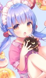Rule 34 | 1girl, :o, blue background, blue hair, blush, brown eyes, chocolate, collared shirt, commentary request, dutch angle, fingernails, food, gingham, hair ornament, hairclip, heart, heart hair ornament, highres, holding, holding food, long hair, looking at viewer, low twintails, maid headdress, open mouth, original, puffy short sleeves, puffy sleeves, purple shirt, shirt, short sleeves, solo focus, twintails, usashiro mani