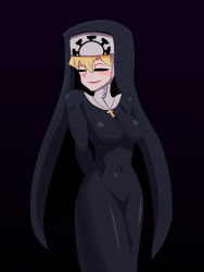 Rule 34 | 1girl, arms behind back, black background, blonde hair, blush, covered erect nipples, covered navel, cowboy shot, cross, cross necklace, double (skullgirls), closed eyes, habit, highres, jewelry, necklace, nun, open mouth, skullgirls, smile, solo, tocanaru
