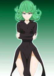 Rule 34 | 1girl, black dress, blush, breasts, curly hair, curvy, dress, game cg, green eyes, green hair, highres, lime (purple haze), looking at viewer, nipples, one-punch man, short hair, simple background, small breasts, smile, solo, tatsumaki, wide hips