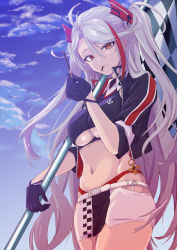 Rule 34 | 1girl, azur lane, belt, black gloves, blue sky, breasts, checkered flag, clothing cutout, cropped shirt, flag, food, food in mouth, gloves, half gloves, headband, highres, himeno tatsuta, holding, holding flag, holding food, holding pocky, jacket, large breasts, long hair, looking at viewer, microskirt, multicolored hair, navel, official alternate costume, open clothes, open jacket, orange eyes, panties, panty straps, pocky, prinz eugen (azur lane), prinz eugen (final lap) (azur lane), purple jacket, race queen, red hair, red panties, silver hair, skirt, sky, solo, standing, streaked hair, two-tone hair, two-tone skirt, underboob, underboob cutout, underwear, very long hair, white belt, white skirt, zipper