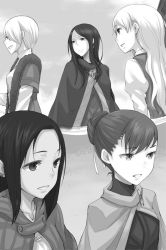 Rule 34 | 5girls, ayakura juu, cape, dian rubens, elsa schtingheim, eve bolan, fran vonely, greyscale, hair between eyes, hair ribbon, long hair, monochrome, multiple girls, nora arento, novel illustration, official art, outdoors, parted lips, ribbon, shirt, short hair, smile, spice and wolf, standing, upper body