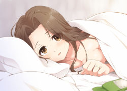 Rule 34 | 10s, 1girl, bed sheet, blush, breasts, brown eyes, brown hair, forehead protector, unworn headband, jewelry, jintsuu (kancolle), kantai collection, long hair, looking at viewer, lying, medium breasts, naked sheet, nude, on bed, open mouth, pillow, plum (arch), pov across bed, ring, smile, solo, under covers, upper body, wedding band