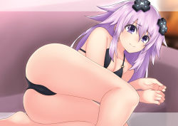 Rule 34 | 1girl, adult neptune, ass, bikini, black bikini, breasts, choujigen game neptune, choujigen game neptune the animation, cleavage, compile heart, d-pad, d-pad hair ornament, hair between eyes, hair ornament, highres, idea factory, katade, large breasts, long hair, looking at viewer, lying, neptune (series), on side, paid reward available, purple eyes, purple hair, shin jigen game neptune vii, smile, solo, swimsuit, very long hair