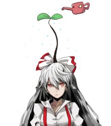 Rule 34 | 1girl, bad id, bad pixiv id, bow, female focus, flower, flower on head, fujiwara no mokou, hair bow, jitome, long hair, mosamosa1110, red eyes, silver hair, simple background, solo, suspenders, touhou, very long hair, watering can, white background