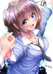 Rule 34 | 1girl, blouse, blue eyes, brown hair, collared shirt, fang, hair between eyes, highres, holding hands, interlocked fingers, long hair, looking at viewer, mokufuu, musical note, open mouth, original, pleated skirt, pointing, pointing forward, pov, pov hands, shirt, skirt, smile, solo, solo focus, spoken musical note, white shirt