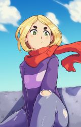 Rule 34 | 1girl, :/, akiosketch, between legs, blonde hair, blue pants, blurry, blurry background, blush, closed mouth, commentary, day, depth of field, english commentary, eyebrows, green eyes, hand between legs, highres, long sleeves, looking at viewer, original, outdoors, pants, purple sweater, red eyes, red scarf, scarf, short hair, sitting, solo, sweater, thick eyebrows, torn clothes, torn pants