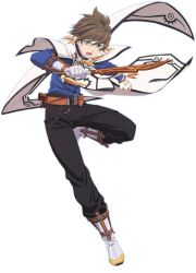 Rule 34 | 10s, 1boy, boots, brown hair, cape, earrings, feather earrings, feathers, fingerless gloves, full body, gloves, green eyes, holding, holding weapon, jewelry, looking to the side, male focus, official art, pants, short hair, simple background, smile, solo, sorey (tales), tales of (series), tales of zestiria, weapon, white background, white gloves