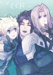 Rule 34 | 3boys, aqua background, arm around neck, armor, belt, black gloves, black hair, black jacket, blonde hair, blue eyes, blue shirt, chest strap, closed eyes, cloud strife, crisis core final fantasy vii, crossed arms, final fantasy, final fantasy vii, frown, gloves, grey hair, jacket, light smile, long bangs, long sleeves, looking at another, looking at viewer, male focus, multiple boys, open mouth, parted bangs, ringomell ura, sephiroth, shirt, short hair, shoulder armor, smile, spiked hair, suspenders, upper body, v, zack fair
