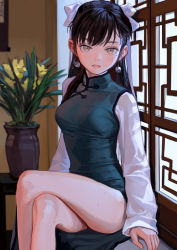 Rule 34 | 1girl, artist name, black hair, bow, breasts, brown eyes, china dress, chinese clothes, dress, earrings, fkey, flower pot, hair bow, highres, indoors, jewelry, crossed legs, long hair, long sleeves, looking at viewer, medium breasts, mole, mole under eye, open mouth, original, ponytail, ribbon, sitting, solo, white bow, white ribbon, window