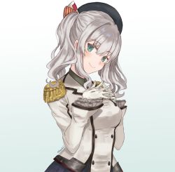 Rule 34 | 1girl, blue background, blue skirt, blush, breast suppress, breasts, closed mouth, commentary, epaulettes, fingers together, frilled sleeves, frills, gloves, gradient background, green eyes, hair between eyes, hat, head tilt, highres, jacket, kantai collection, kashima (kancolle), large breasts, long sleeves, looking at viewer, military jacket, mochii, own hands together, pleated skirt, signature, silver hair, skirt, smile, solo, standing, two side up, upper body, white jacket