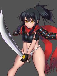 Rule 34 | 10s, 1girl, armor, artist request, bare legs, black hair, blush, breastplate, breasts, curvy, fundoshi, highres, holding, holding weapon, izumi (queen&#039;s blade), japanese armor, japanese clothes, katana, large breasts, looking away, ponytail, queen&#039;s blade, queen&#039;s blade rebellion, scarf, shiny skin, sword, weapon