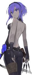 Rule 34 | 1girl, ass, back, backless outfit, bare back, bare shoulders, breasts, dark skin, dark-skinned female, fate/grand order, fate/prototype, fate/prototype: fragments of blue and silver, fate (series), fingerless gloves, gloves, hairband, hassan of serenity (fate), hayashi kewi, kunai, looking back, medium breasts, purple hair, short hair, skin tight, solo, weapon