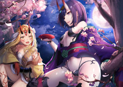 Rule 34 | 2girls, absurdres, bare shoulders, blonde hair, bob cut, breasts, cherry blossoms, collarbone, eyeliner, facial mark, fate/grand order, fate (series), forehead mark, full moon, headpiece, highres, horns, huge filesize, ibaraki douji (fate), japanese clothes, kimono, long sleeves, looking at viewer, makeup, md5 mismatch, moon, multiple girls, oni, pointy ears, purple eyes, purple hair, purple kimono, resolution mismatch, revealing clothes, short hair, shuten douji (fate), sitting, skin-covered horns, small breasts, source smaller, tattoo, thighs, wide sleeves, yellow eyes, yellow kimono, yufou
