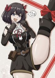 1girl asymmetrical_gloves ba_ga_g black_boots black_gloves black_hair black_romper blue_eyes boots breasts emphasis_lines gloves hair_between_eyes hair_ribbon highres looking_at_viewer medium_breasts merry_christmas nageki_no_bourei_wa_intaishitai open_mouth partially_fingerless_gloves red_ribbon ribbon shirt short_hair simple_background smile solo speech_bubble standing standing_on_one_leg thigh_boots tino_shade white_background white_shirt