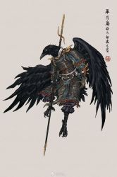 Rule 34 | animal focus, armor, bird, black feathers, chinese armor, crow, feathered wings, feathers, highres, holding, holding polearm, holding weapon, muyangtv (user edkf8885), no humans, original, polearm, solo, spear, talons, weapon, wings