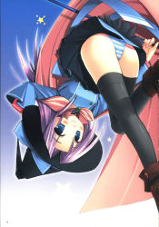 Rule 34 | 1girl, adjusting clothes, adjusting headwear, ass, black thighhighs, blue eyes, blue striped panties, hat, highres, miyasu risa, panties, pantyshot, purple hair, solo, source request, standing, striped clothes, striped panties, thighhighs, underwear, upside-down, witch, witch hat