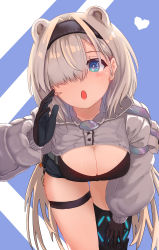 Rule 34 | 1girl, absurdres, animal ears, arknights, aurora (arknights), aurora (elite ii) (arknights), bear ears, bent over, black gloves, black shirt, blue eyes, breasts, cleavage, commentary request, cowboy shot, gloves, hair between eyes, heart, highres, infection monitor (arknights), large breasts, long hair, long sleeves, looking at viewer, open mouth, pureakuma, shirt, shrug (clothing), silver hair, solo, standing, thigh strap, thighs, very long hair