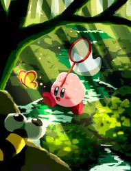 Rule 34 | aruco co, blush stickers, bug, butterfly, butterfly net, butterfly wings, capiller (kirby), colored skin, forest, grass, hand net, highres, insect, insect wings, kirby, kirby (series), looking at another, nature, nintendo, no humans, open mouth, pink skin, river, smile, solid oval eyes, tree, wings