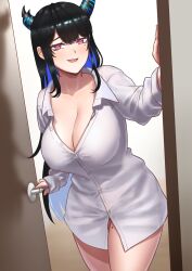 Rule 34 | 1girl, :d, asymmetrical horns, black hair, blue hair, breasts, cipher4109, cleavage, collarbone, collared shirt, colored inner hair, demon horns, doorway, hand up, heart, heart-shaped pupils, highres, hololive, hololive english, horns, large breasts, long hair, looking at viewer, mole, mole on thigh, mole under eye, multicolored hair, nerissa ravencroft, no pants, open mouth, opening door, partially unbuttoned, pov doorway, purple eyes, shirt, smile, solo, symbol-shaped pupils, thighs, two-tone hair, uneven horns, very long hair, virtual youtuber, white shirt