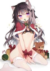 Rule 34 | 1girl, animal ear fluff, animal ears, between legs, black bra, black hair, bottomless, box, bra, breasts, candy, candy cane, capelet, cat ears, cat girl, food, fur-trimmed capelet, fur-trimmed legwear, fur-trimmed thighhighs, fur trim, gift, gift box, hand between legs, highres, long hair, looking at viewer, mouth hold, original, purple eyes, red capelet, ribbon, sitting, small breasts, stuffed animal, stuffed toy, suisei 1121, teddy bear, thighhighs, underwear, wariza, white thighhighs